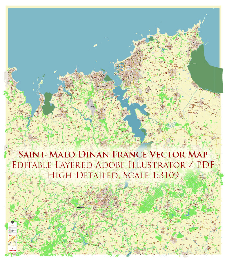 Saint-Malo Dinan France Vector Map Exact High Detailed Street Map editable Adobe Illustrator in layers