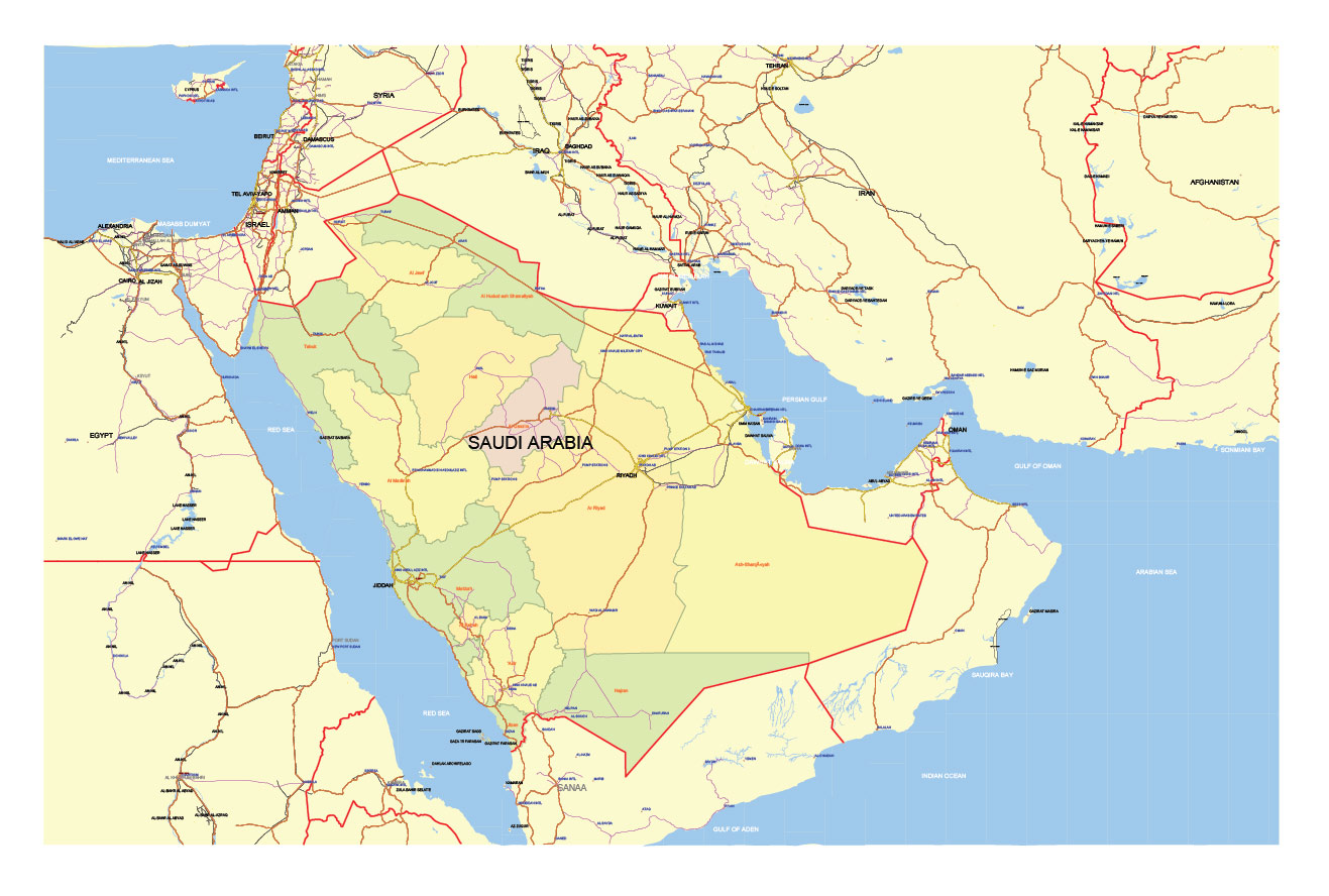Saudi Arabia Map Vector Exact Low Detailed Road & Admin Map editable Adobe Illustrator and PDF in layers in 1 archive