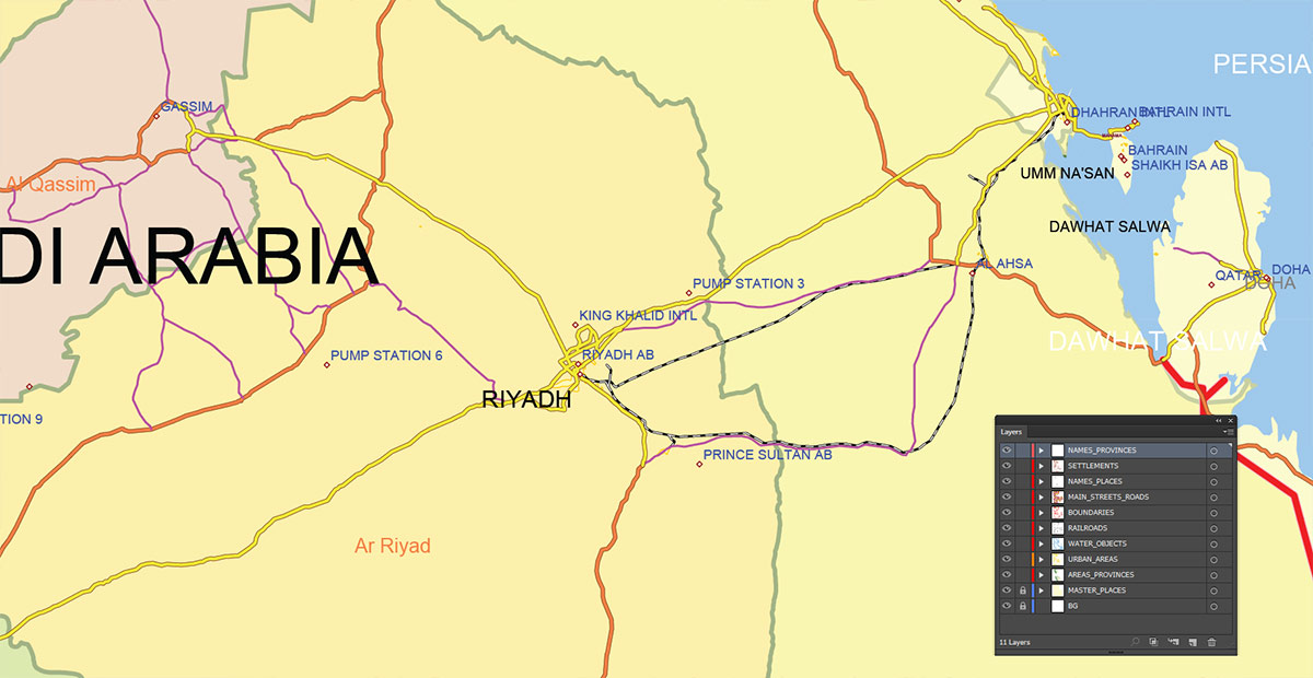 Saudi Arabia Map Vector Exact Low Detailed Road & Admin Map editable Adobe Illustrator and PDF in layers in 1 archive