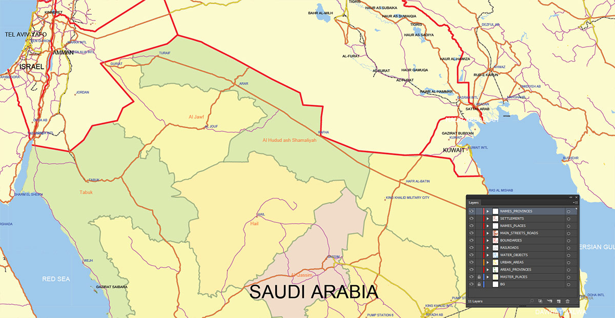 Saudi Arabia Map Vector Exact Low Detailed Road & Admin Map editable Adobe Illustrator and PDF in layers in 1 archive
