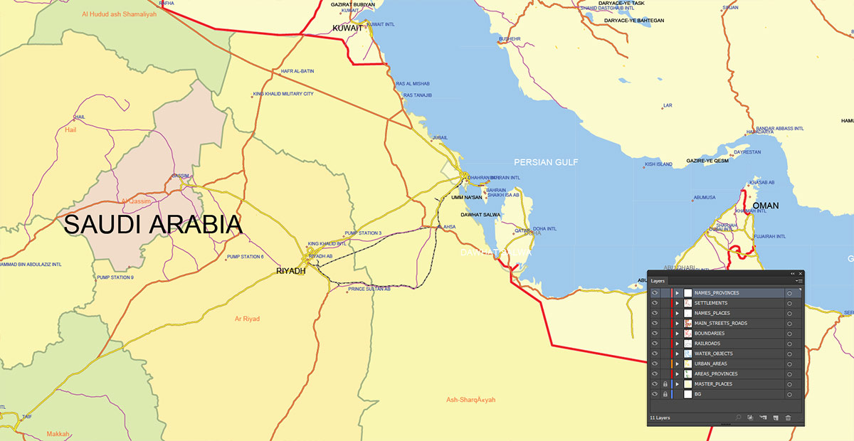 Saudi Arabia Map Vector Exact Low Detailed Road & Admin Map editable Adobe Illustrator and PDF in layers in 1 archive