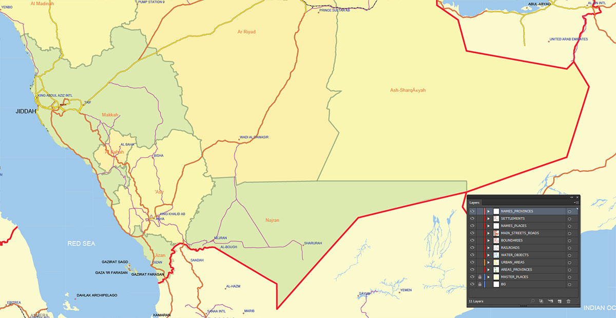 Saudi Arabia Map Vector Exact Low Detailed Road & Admin Map editable Adobe Illustrator and PDF in layers in 1 archive