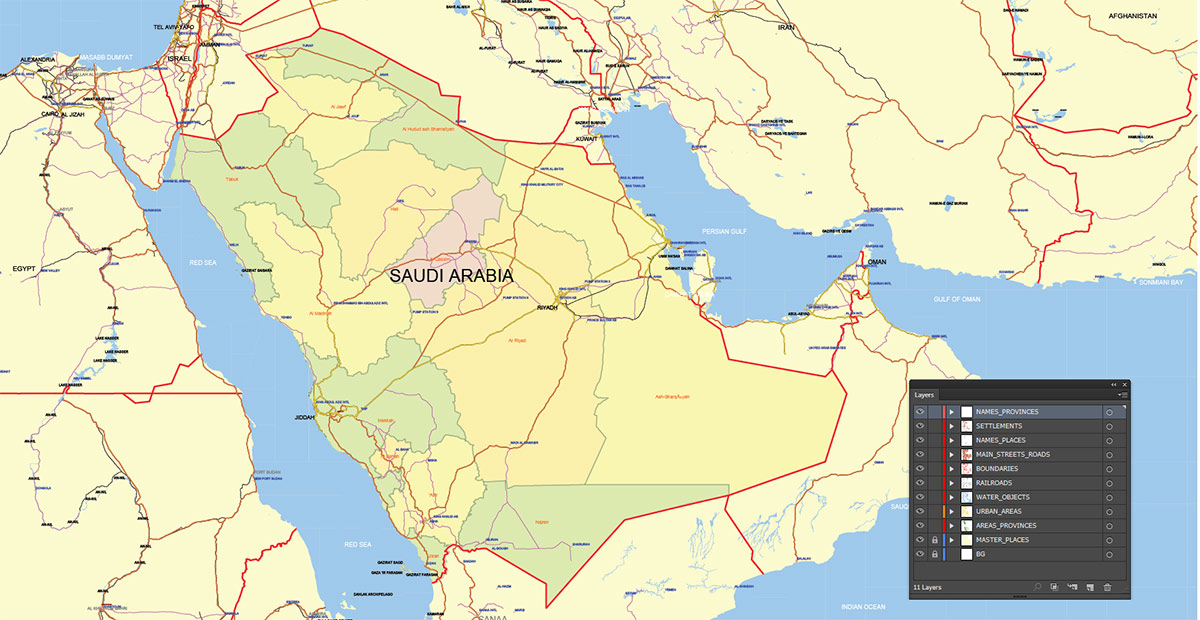 Saudi Arabia Map Vector Exact Low Detailed Road & Admin Map editable Adobe Illustrator and PDF in layers in 1 archive