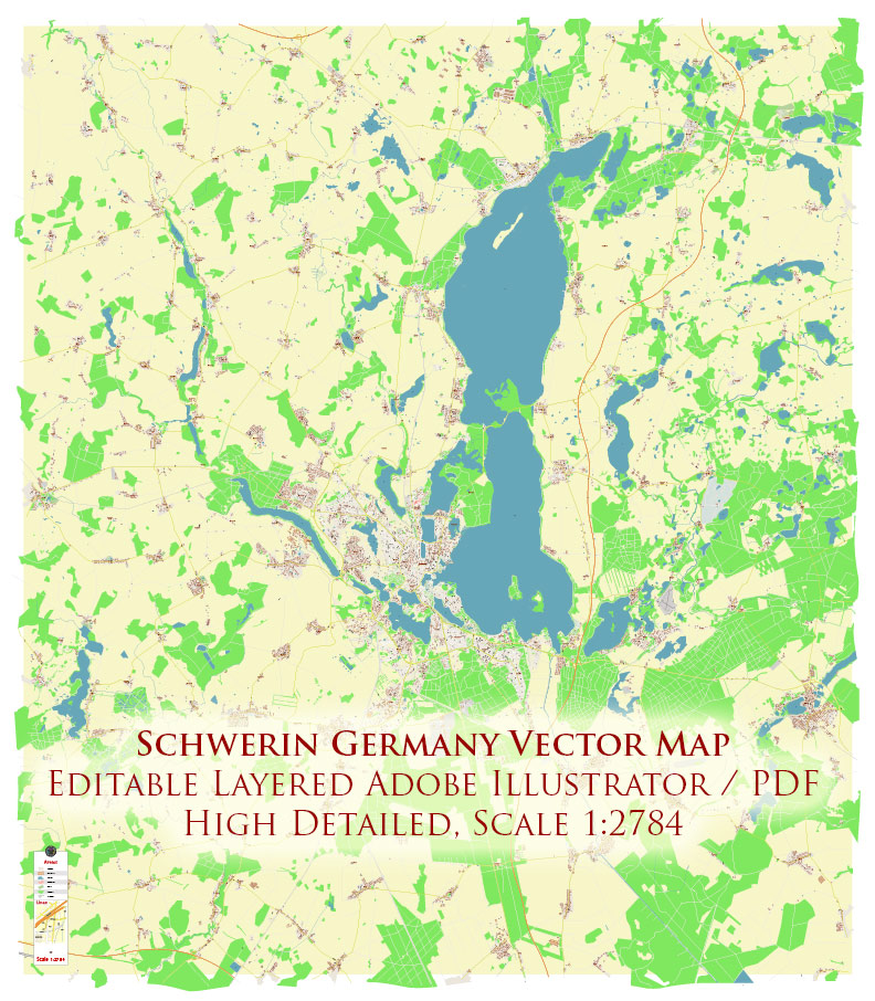 Schwerin Germany Vector Map Exact High Detailed Street Map editable Adobe Illustrator in layers