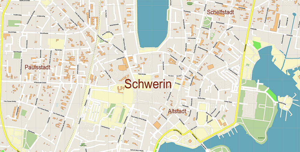 Schwerin Germany Vector Map Exact High Detailed Street Map editable Adobe Illustrator in layers