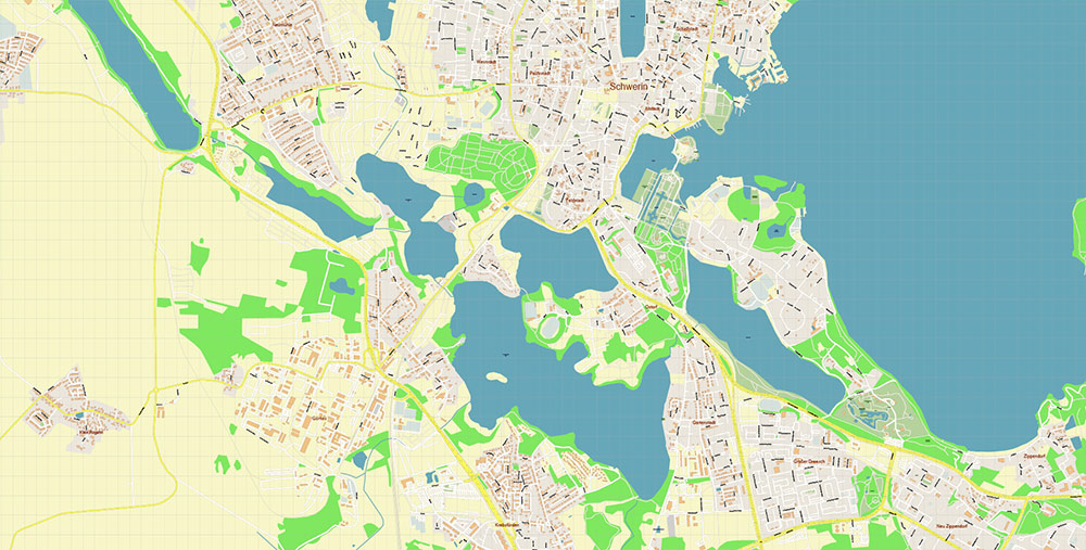 Schwerin Germany Vector Map Exact High Detailed Street Map editable Adobe Illustrator in layers