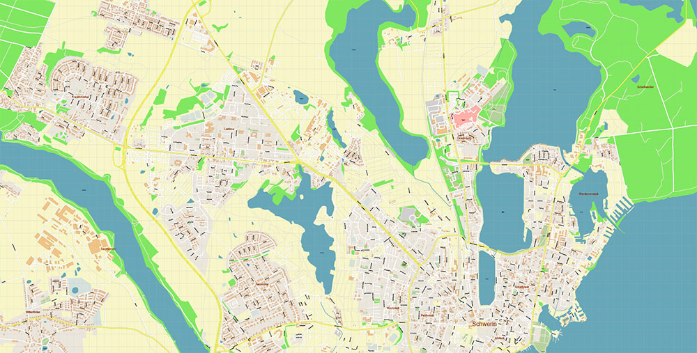 Schwerin Germany Vector Map Exact High Detailed Street Map editable Adobe Illustrator in layers