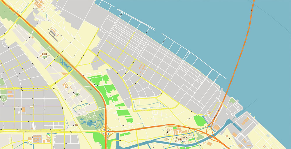 Shanghai China Waigaoqiao Port Map Vector Exact High Detailed Street Map editable Adobe Illustrator in layers