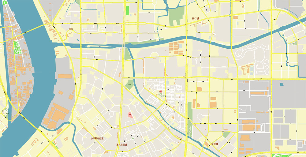 Shanghai China Waigaoqiao Port Map Vector Exact High Detailed Street Map editable Adobe Illustrator in layers