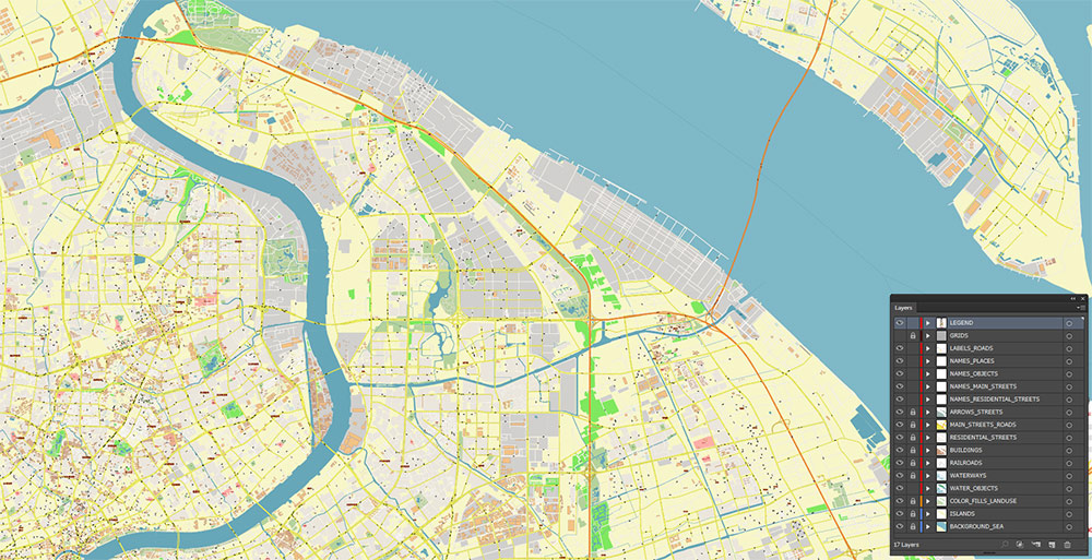 Shanghai China Waigaoqiao Port Map Vector Exact High Detailed Street Map editable Adobe Illustrator in layers