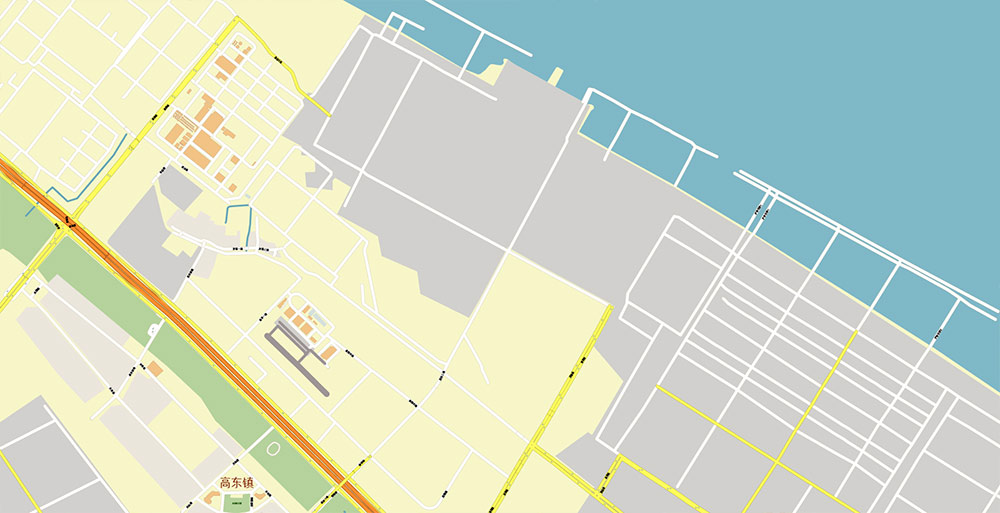 Shanghai China Waigaoqiao Port Map Vector Exact High Detailed Street Map editable Adobe Illustrator in layers