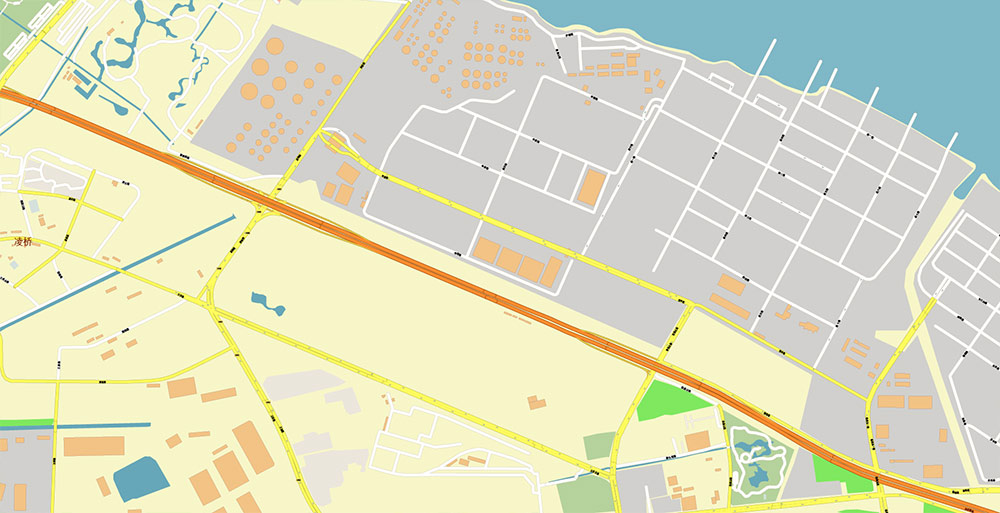 Shanghai China Waigaoqiao Port Map Vector Exact High Detailed Street Map editable Adobe Illustrator in layers