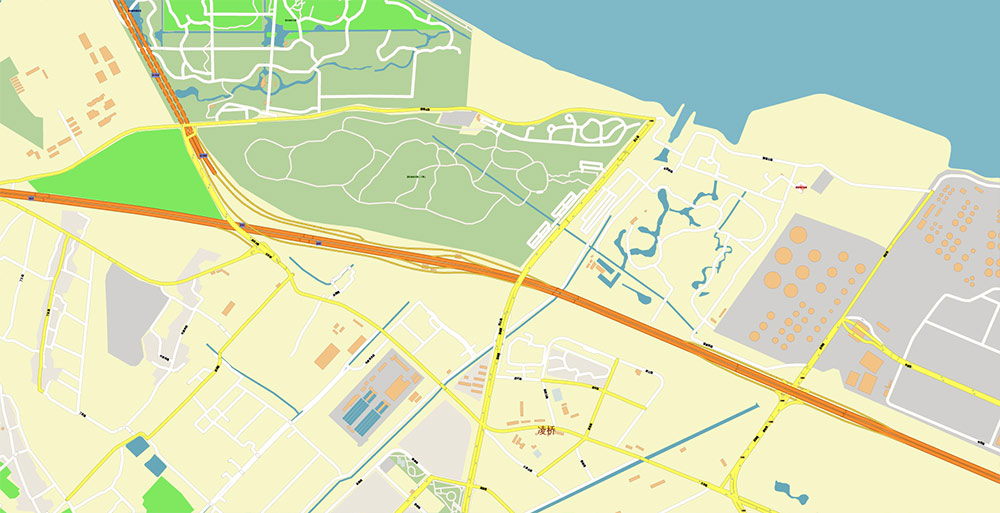 Shanghai China Waigaoqiao Port Map Vector Exact High Detailed Street Map editable Adobe Illustrator in layers