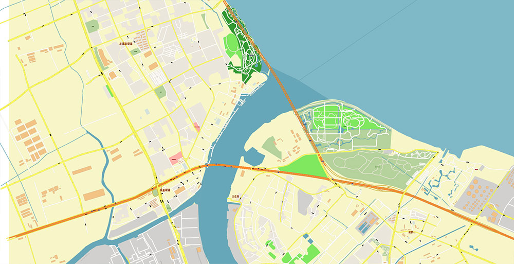 Shanghai China Waigaoqiao Port Map Vector Exact High Detailed Street Map editable Adobe Illustrator in layers