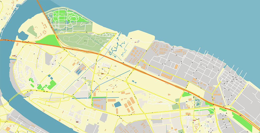 Shanghai China Waigaoqiao Port Map Vector Exact High Detailed Street Map editable Adobe Illustrator in layers