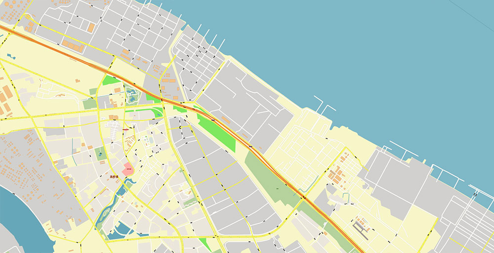 Shanghai China Waigaoqiao Port Map Vector Exact High Detailed Street Map editable Adobe Illustrator in layers