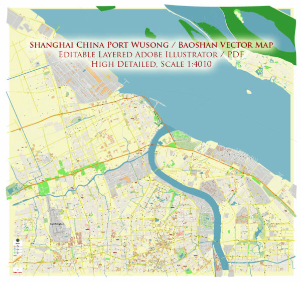 Shanghai China Wusong Baoshan Port Map Vector Exact High Detailed Street Map editable Adobe Illustrator in layers Shanghai China Wusong Baoshan Port Map Vector Exact High Detailed Street Map editable Adobe Illustrator in layers
