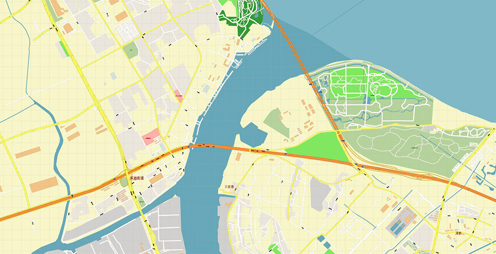 Shanghai China Wusong Baoshan Port Map Vector Exact High Detailed Street Map editable Adobe Illustrator in layers