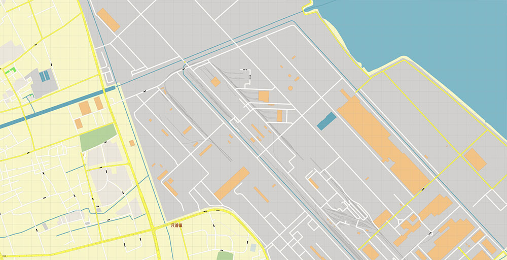 Shanghai China Wusong Baoshan Port Map Vector Exact High Detailed Street Map editable Adobe Illustrator in layers