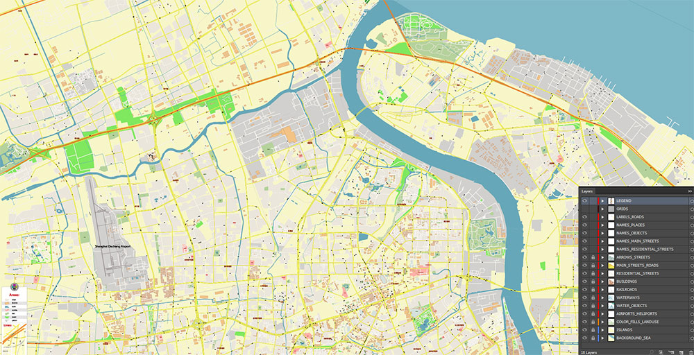 Shanghai China Wusong Baoshan Port Map Vector Exact High Detailed Street Map editable Adobe Illustrator in layers
