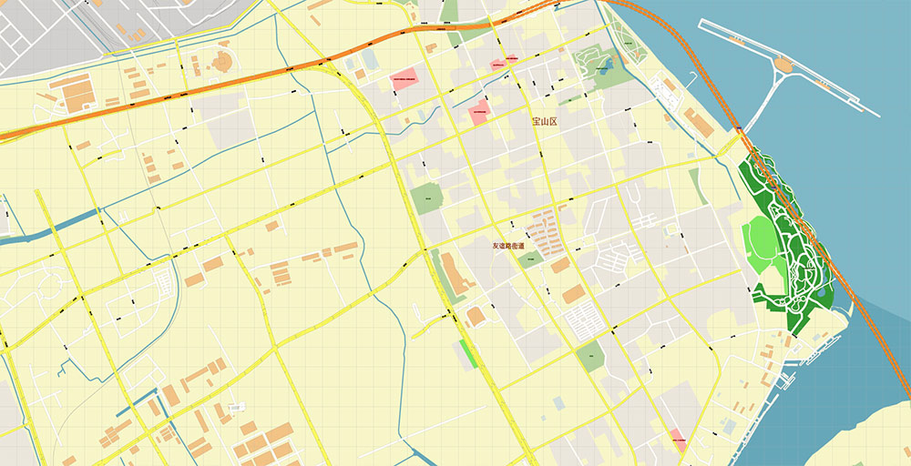 Shanghai China Wusong Baoshan Port Map Vector Exact High Detailed Street Map editable Adobe Illustrator in layers