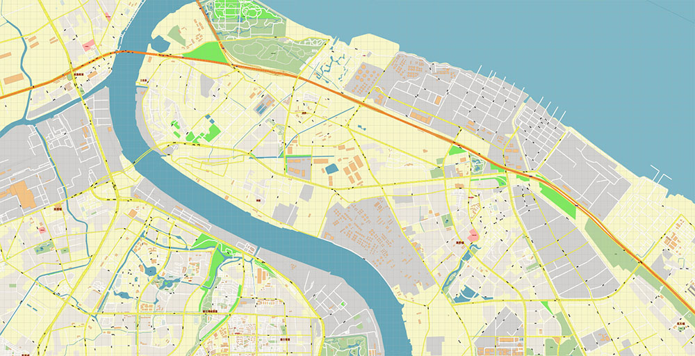 Shanghai China Wusong Baoshan Port Map Vector Exact High Detailed Street Map editable Adobe Illustrator in layers