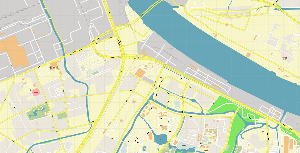 Shanghai China Wusong Baoshan Port Map Vector Exact High Detailed Street Map editable Adobe Illustrator in layers