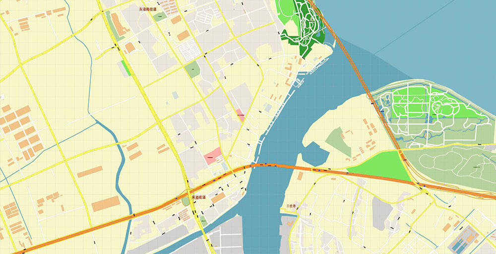 Shanghai China Wusong Baoshan Port Map Vector Exact High Detailed Street Map editable Adobe Illustrator in layers