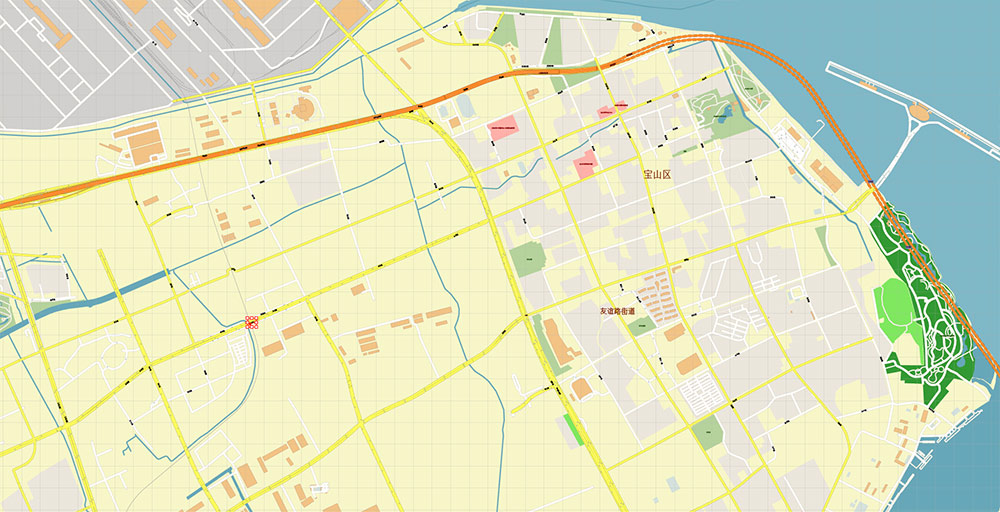 Shanghai China Wusong Baoshan Port Map Vector Exact High Detailed Street Map editable Adobe Illustrator in layers