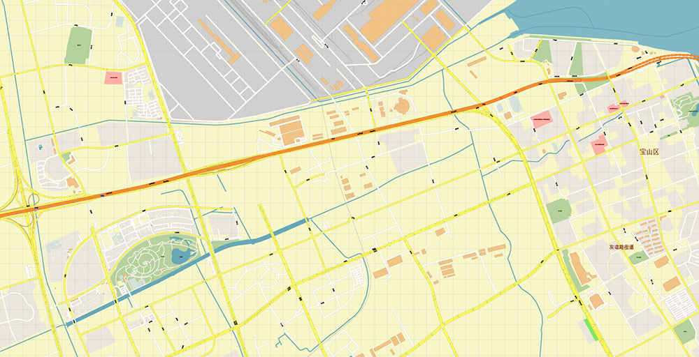 Shanghai China Wusong Baoshan Port Map Vector Exact High Detailed Street Map editable Adobe Illustrator in layers