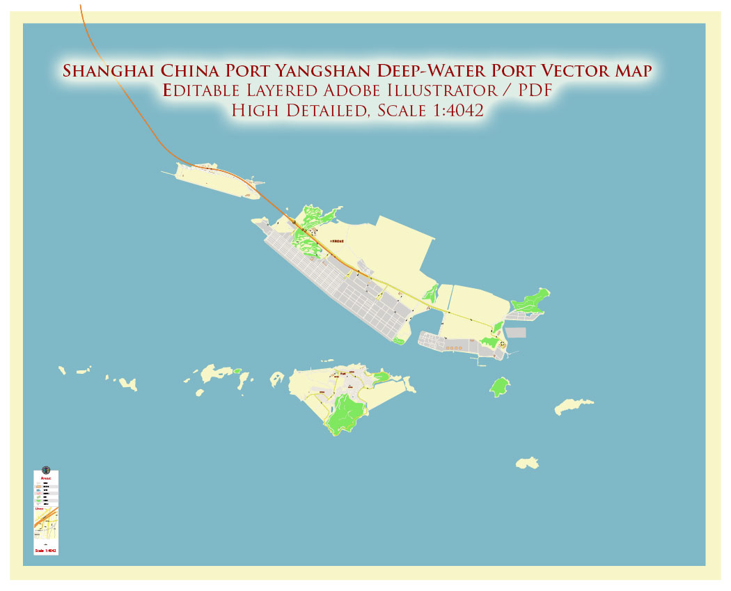 Shanghai China Yangshan Deep Water Port Map Vector Exact High Detailed Street Map editable Adobe Illustrator in layers Shanghai China Yangshan Deep Water Port Map Vector Exact High Detailed Street Map editable Adobe Illustrator in layers