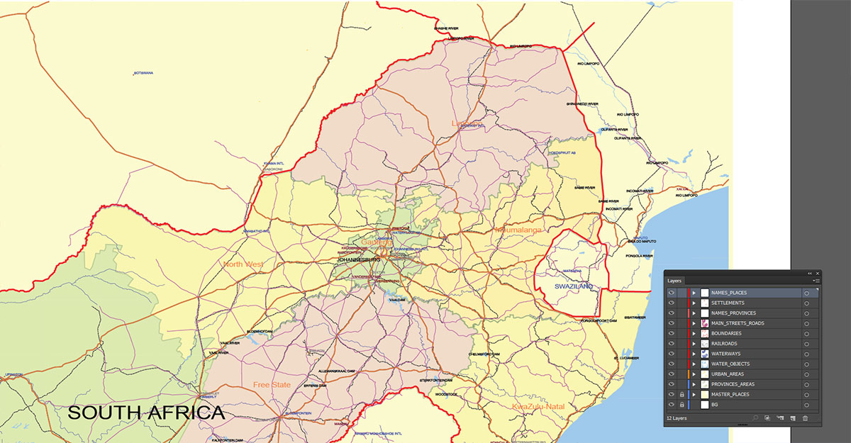South Africa Map Vector Exact Low Detailed Road & Admin Map editable Adobe Illustrator and PDF in layers in 1 archive South Africa Map Vector Exact Low Detailed Road & Admin Map editable Adobe Illustrator and PDF in layers in 1 archive