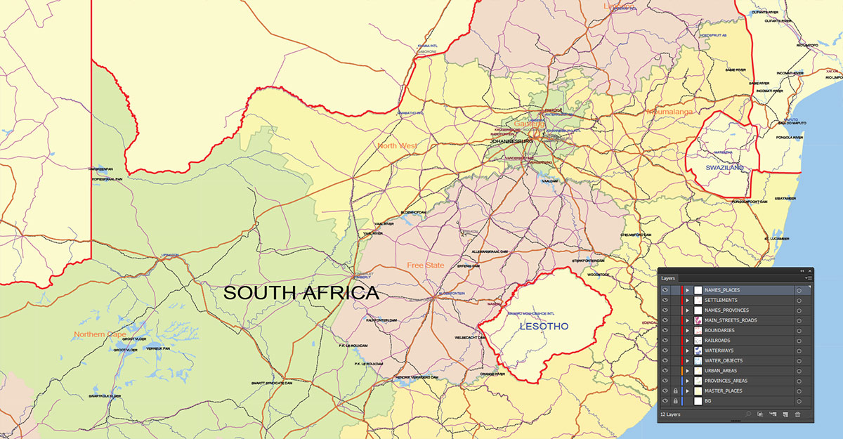 South Africa Map Vector Exact Low Detailed Road & Admin Map editable Adobe Illustrator and PDF in layers in 1 archive South Africa Map Vector Exact Low Detailed Road & Admin Map editable Adobe Illustrator and PDF in layers in 1 archive