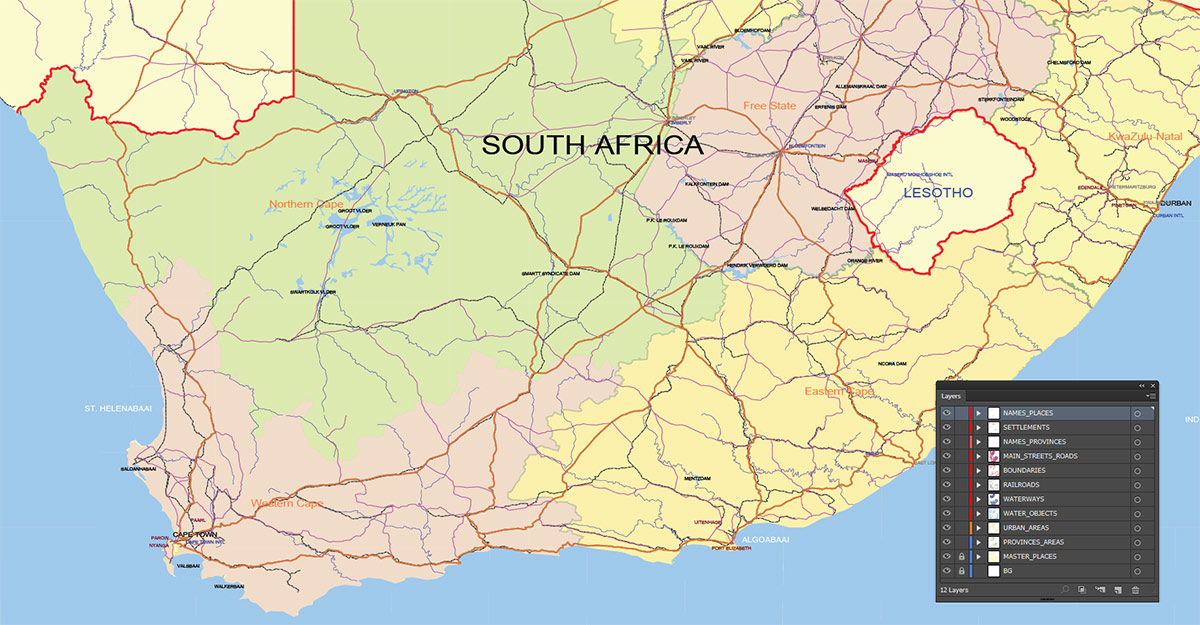 South Africa Map Vector Exact Low Detailed Road & Admin Map editable Adobe Illustrator and PDF in layers in 1 archive South Africa Map Vector Exact Low Detailed Road & Admin Map editable Adobe Illustrator and PDF in layers in 1 archive
