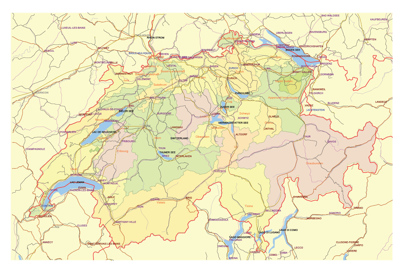 Switzerland Map Vector Exact Low Detailed Road & Admin Map editable Adobe Illustrator and PDF in layers in 1 archive