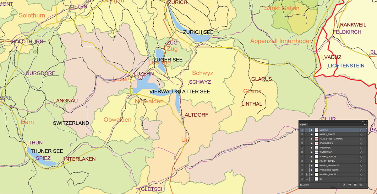 Switzerland Map Vector Exact Low Detailed Road & Admin Map editable Adobe Illustrator and PDF in layers in 1 archive