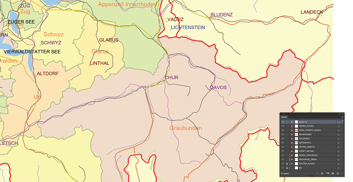 Switzerland Map Vector Exact Low Detailed Road & Admin Map editable Adobe Illustrator and PDF in layers in 1 archive