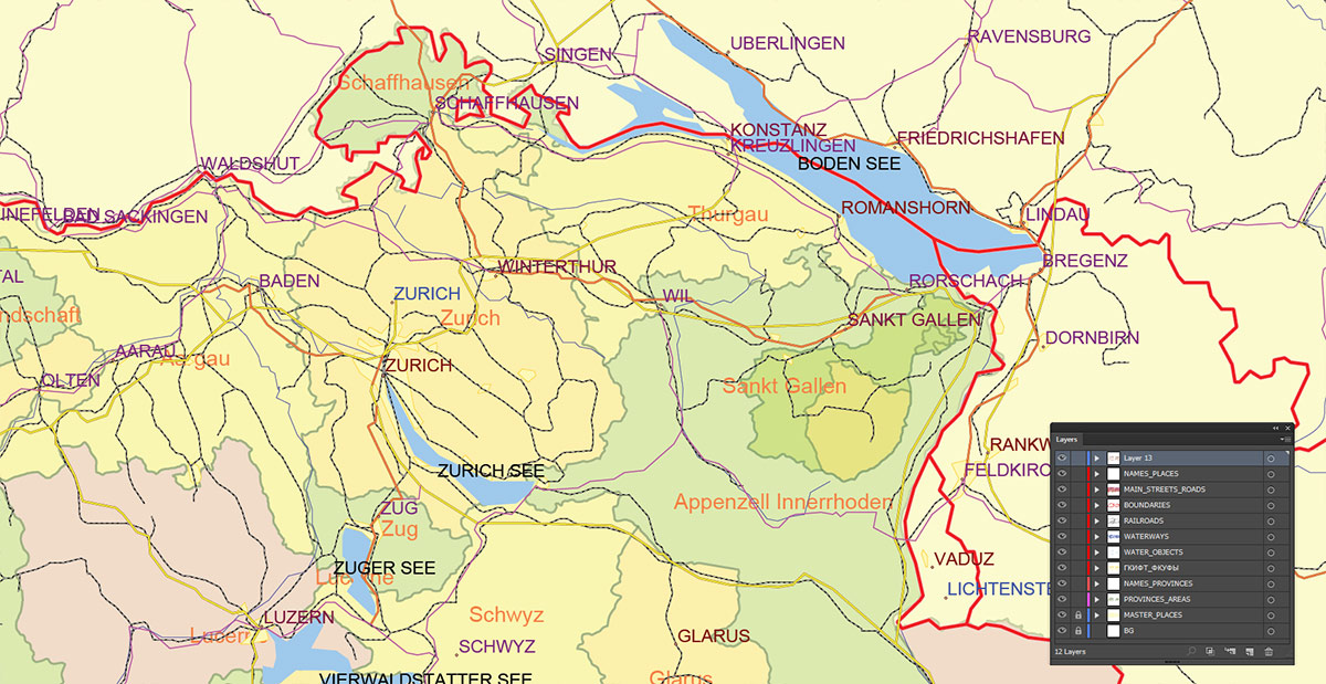 Switzerland Map Vector Exact Low Detailed Road & Admin Map editable Adobe Illustrator and PDF in layers in 1 archive