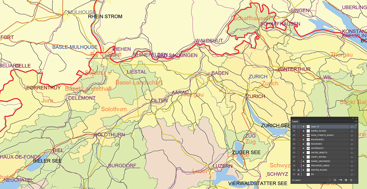 Switzerland Map Vector Exact Low Detailed Road & Admin Map editable Adobe Illustrator and PDF in layers in 1 archive
