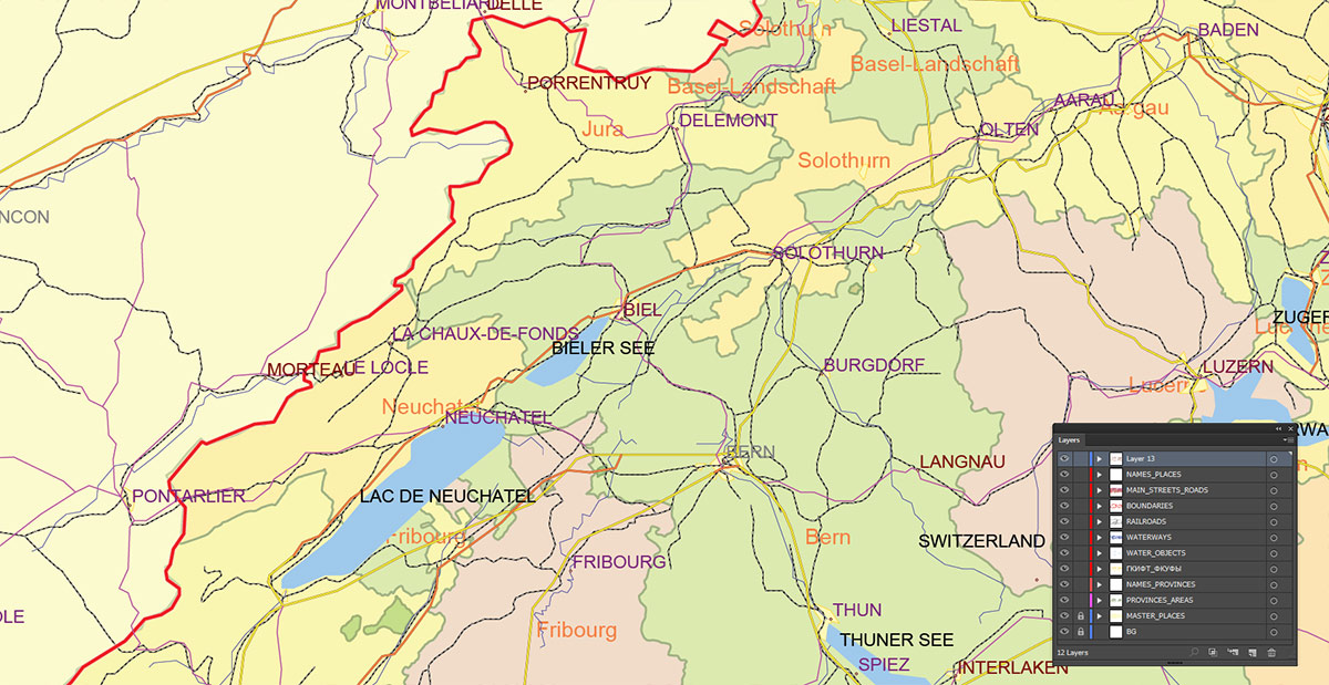 Switzerland Map Vector Exact Low Detailed Road & Admin Map editable Adobe Illustrator and PDF in layers in 1 archive