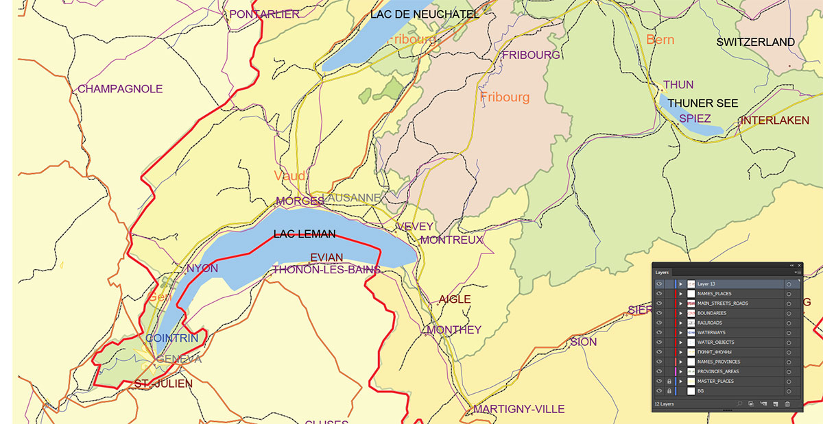Switzerland Map Vector Exact Low Detailed Road & Admin Map editable Adobe Illustrator and PDF in layers in 1 archive