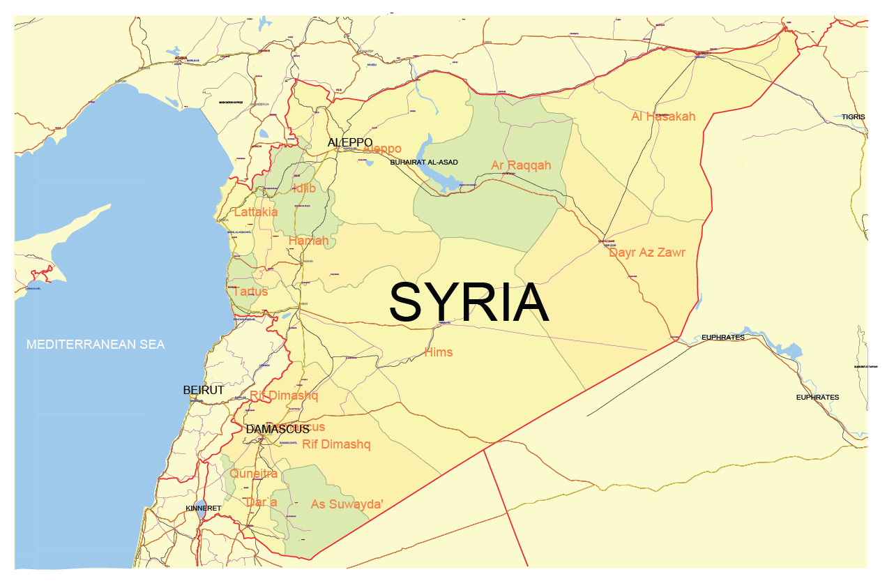 Syria Map Vector Exact Low Detailed Road & Admin Map editable Adobe Illustrator and PDF in layers in 1 archive