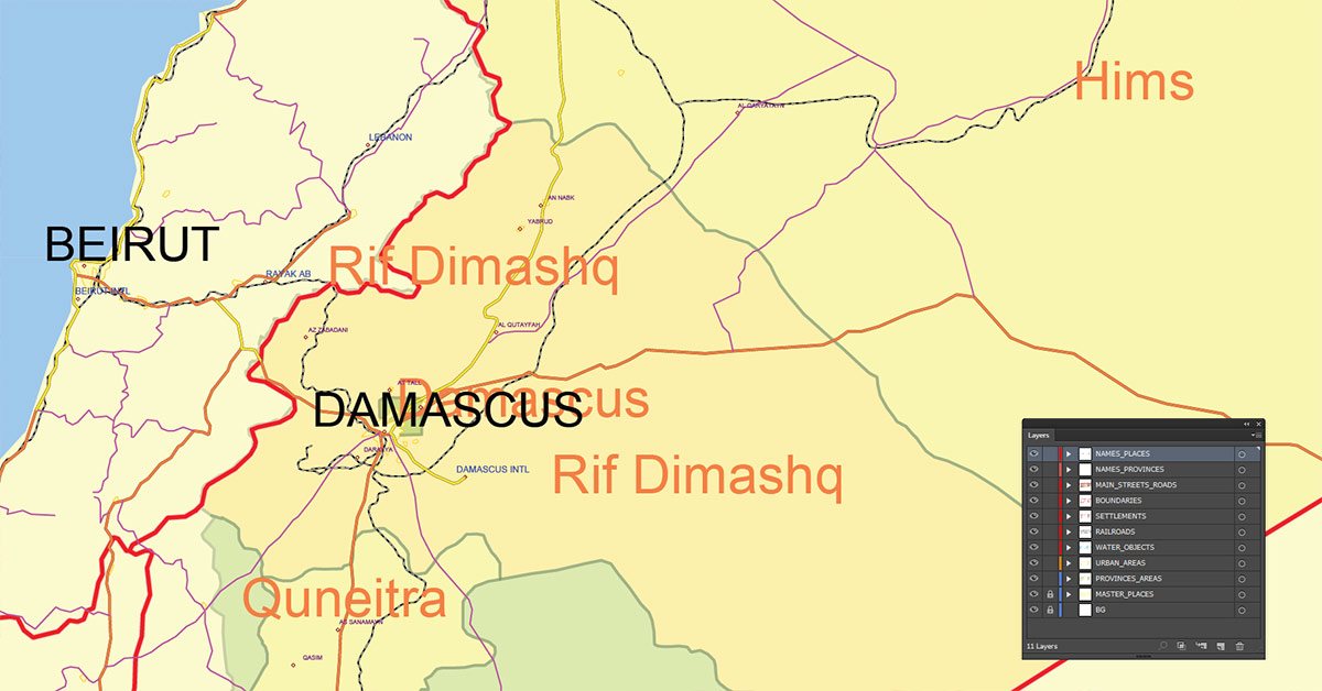 Syria Map Vector Exact Low Detailed Road & Admin Map editable Adobe Illustrator and PDF in layers in 1 archive