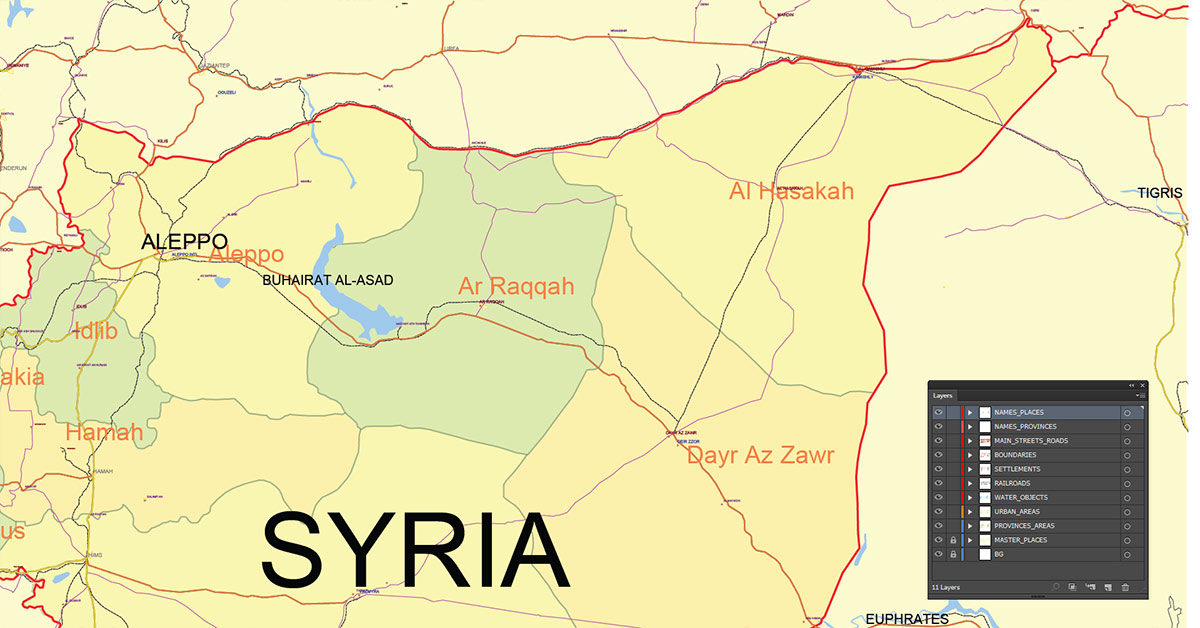Syria Map Vector Exact Low Detailed Road & Admin Map editable Adobe Illustrator and PDF in layers in 1 archive