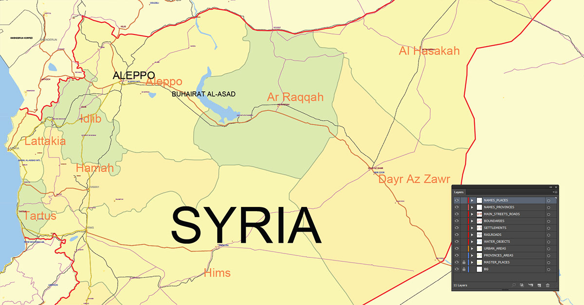 Syria Map Vector Exact Low Detailed Road & Admin Map editable Adobe Illustrator and PDF in layers in 1 archive
