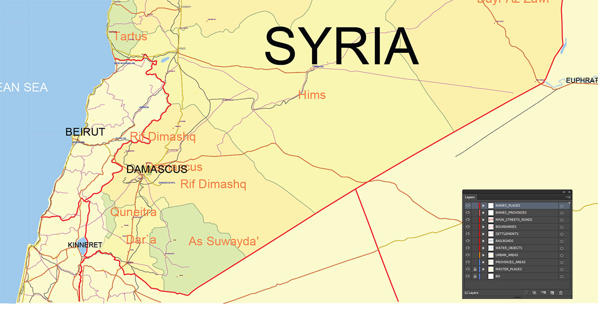 Syria Map Vector Exact Low Detailed Road & Admin Map editable Adobe Illustrator and PDF in layers in 1 archive