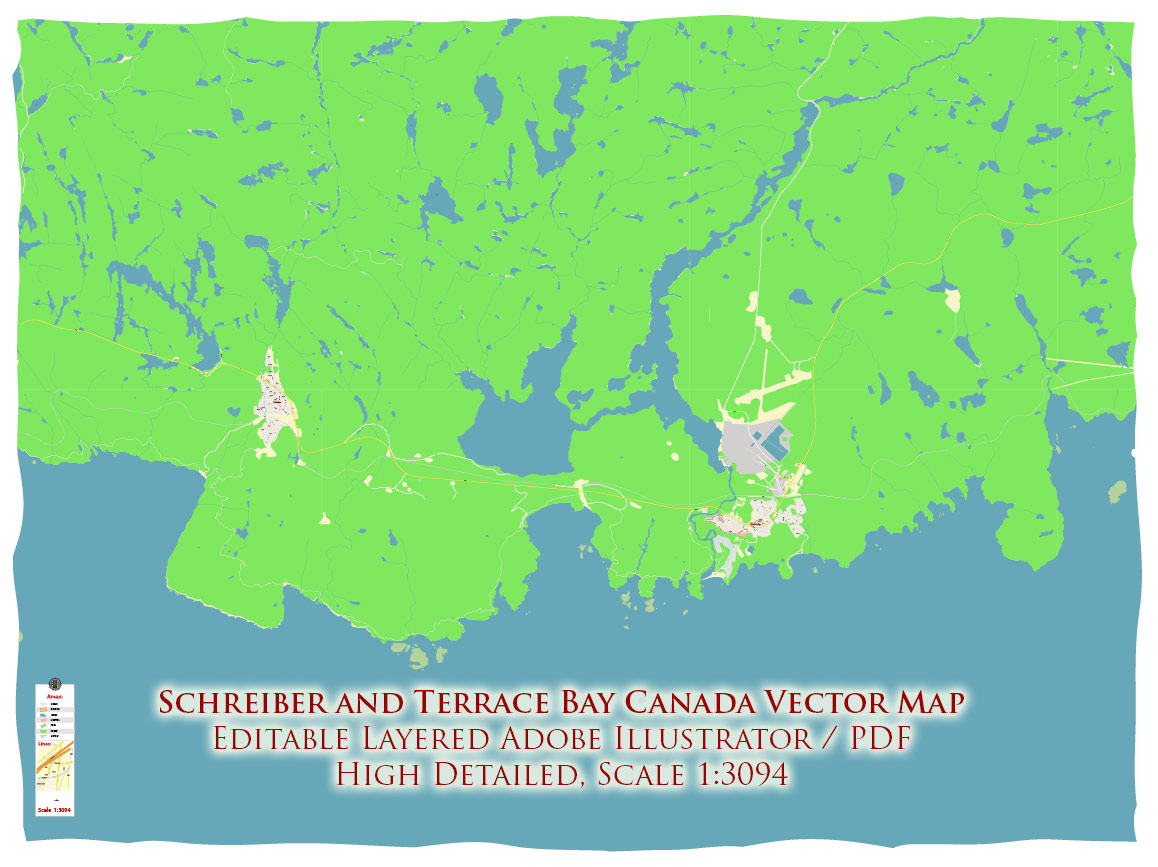 Terrace Bay and Schreiber Canada Vector Map Exact High Detailed Street Map editable Adobe Illustrator in layers Terrace Bay and Schreiber Canada Vector Map Exact High Detailed Street Map editable Adobe Illustrator in layers