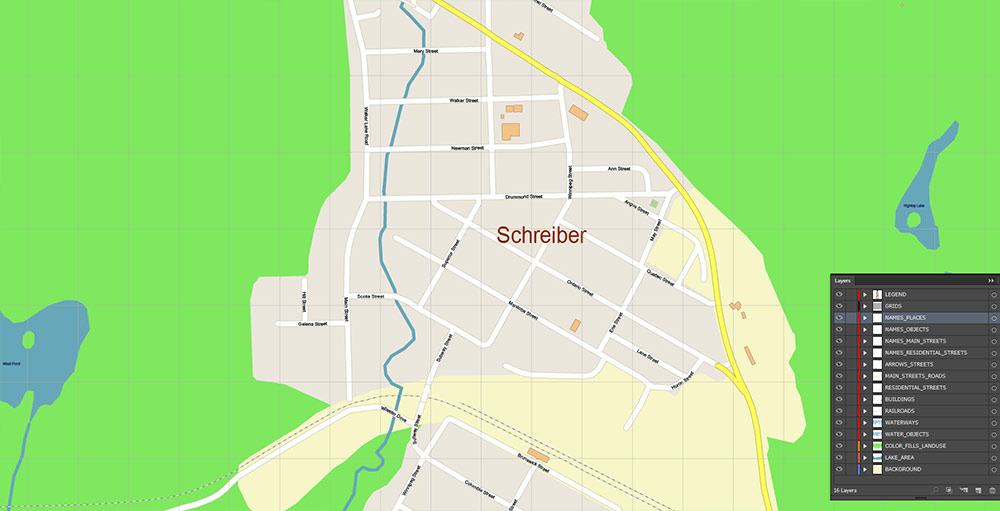 Terrace Bay and Schreiber Canada Vector Map Exact High Detailed Street Map editable Adobe Illustrator in layers Terrace Bay and Schreiber Canada Vector Map Exact High Detailed Street Map editable Adobe Illustrator in layers