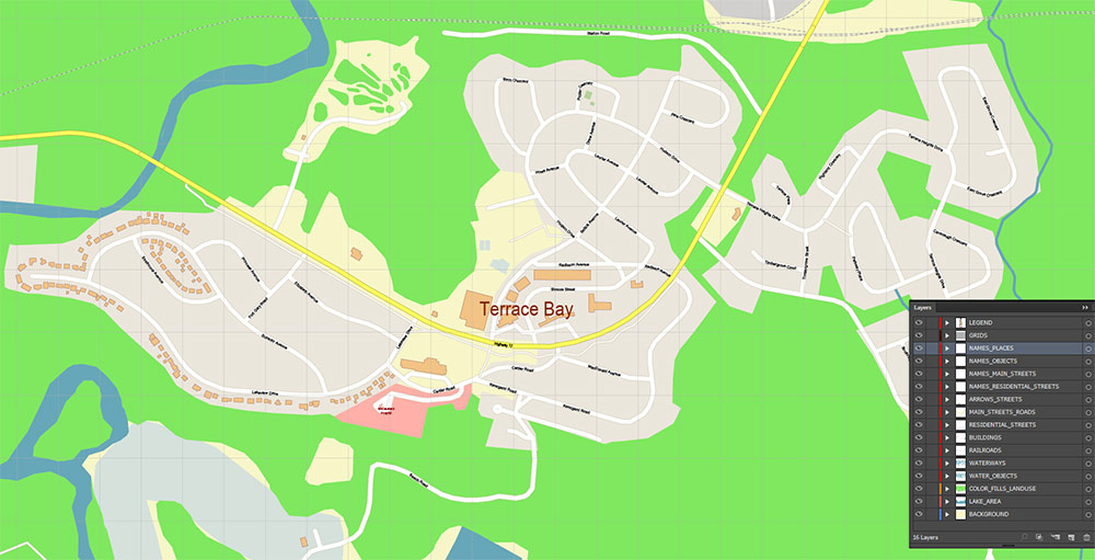 Terrace Bay and Schreiber Canada Vector Map Exact High Detailed Street Map editable Adobe Illustrator in layers Terrace Bay and Schreiber Canada Vector Map Exact High Detailed Street Map editable Adobe Illustrator in layers