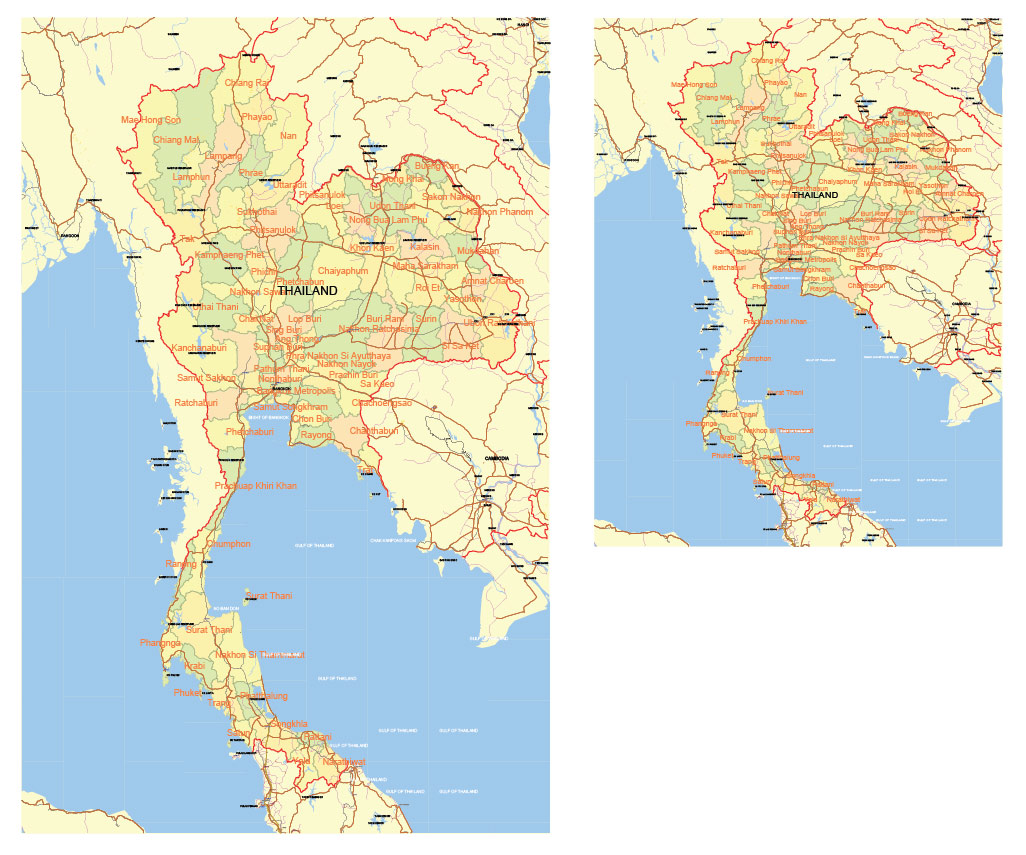 Thailand Map Vector Exact Low Detailed Road & Admin Map editable Adobe Illustrator and PDF in layers in 1 archive